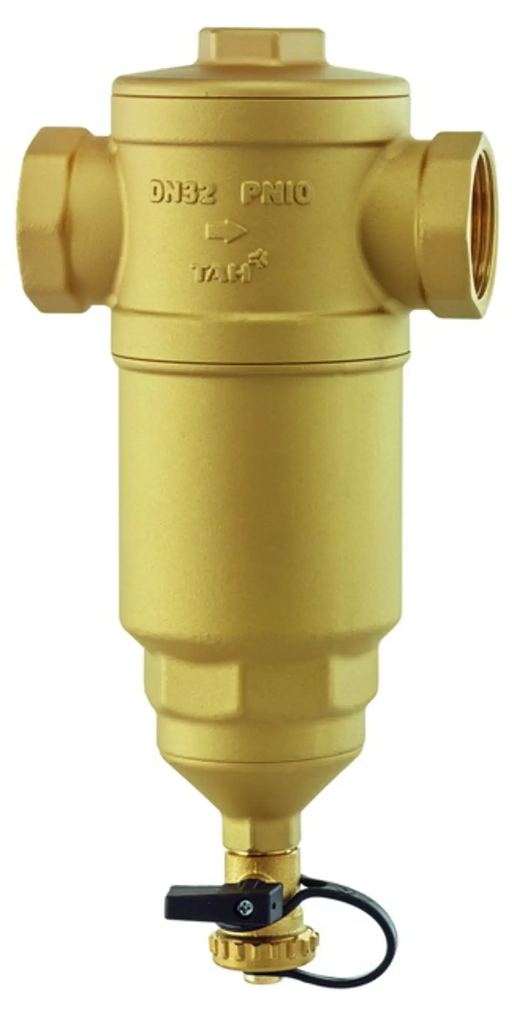 Goldfarbener Wasserabscheider mit Anschlussgewinden. Das Produkt ist für die Nutzung im Heizungsbereich geeignet und stammt von IMI Hydronic Engineering.